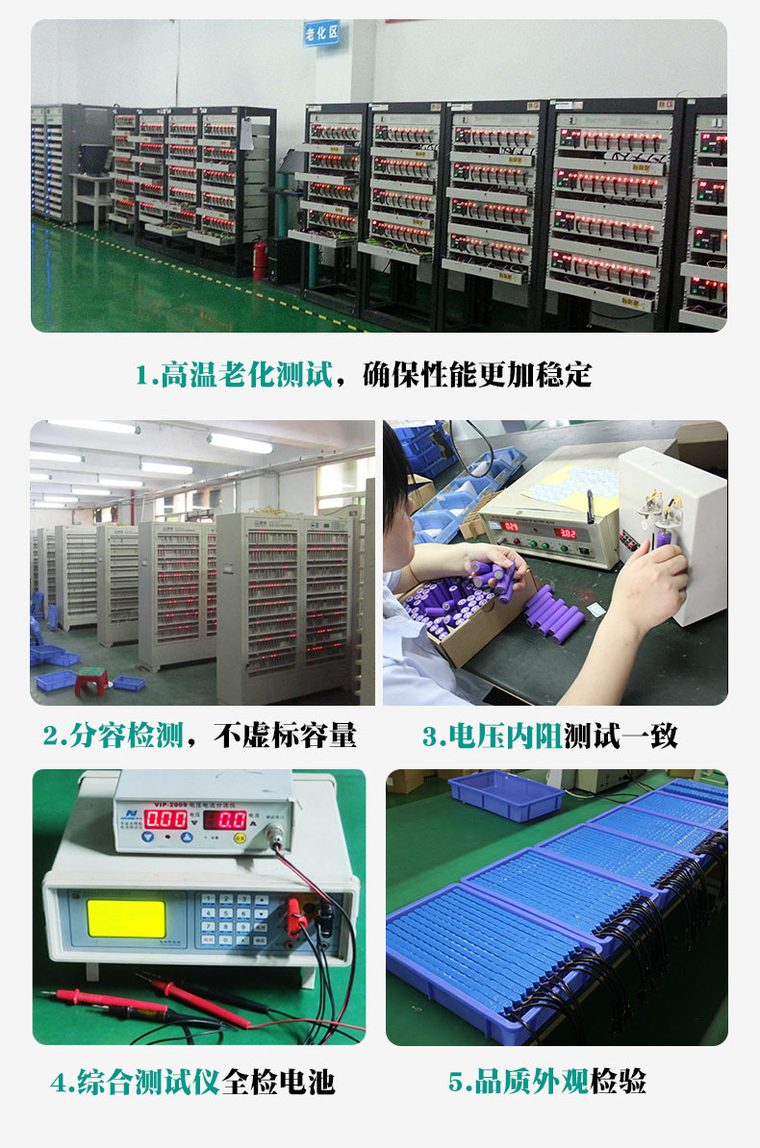 品质检测五道工序：高温老化测试、分容检测、电压内阻测试、综合测试仪全检、品质外观检验